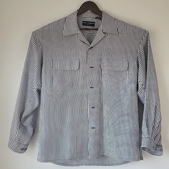 Ted Lapidus 100% Silk Long Sleeve Collared Shirt Button Down Blue Stripes - Picture 1 of 10